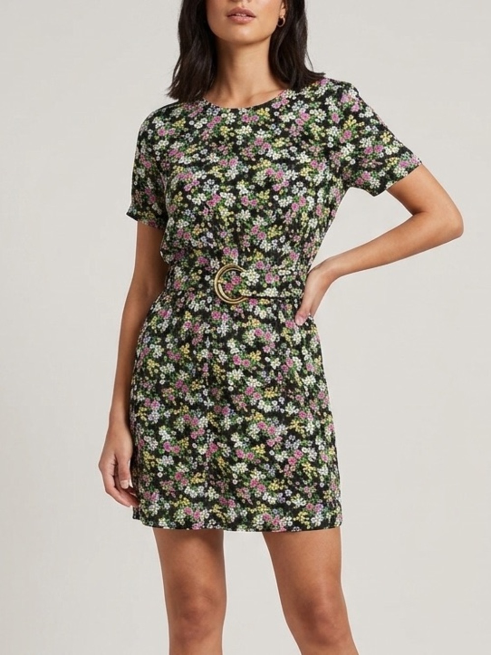 S Roberts Vintage Ditsy Floral Belted Short Sleeve Mini Dress Size 14